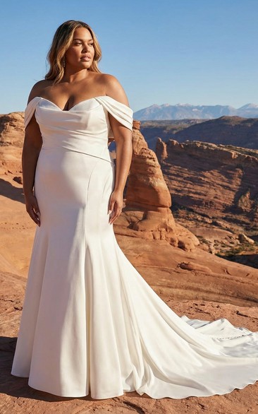plus size off the shoulder mermaid wedding dress Plus Size Off-Shoulder Mermaid Wedding Dress with Train - Simple Satin Wedding Dress with Removable Bow Collar Plus Size