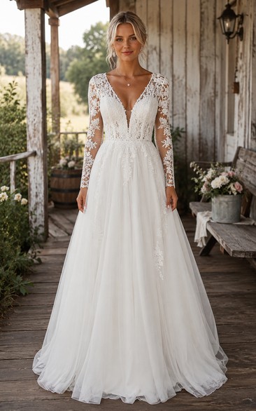 long sleeve country wedding dresses Long Sleeve Rustic Weding Dresses Lace Appliqued Ivory Beach Wedding Dress AWD1159