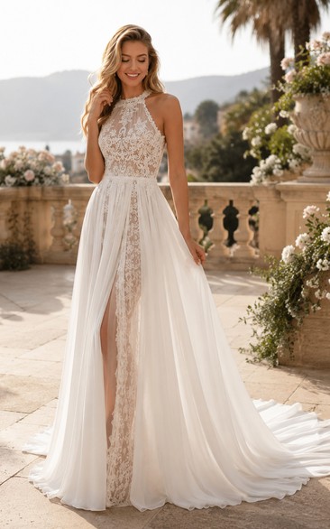 halter a line lace wedding dresses Romantic Halter V Neck Wedding Dress A Line Lace Bridal Gown