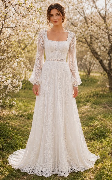 Modest A-Line Wedding Dress Long Sleeve Square Neck Lace Applique Floor Length Chapel Train Ivory (468864)