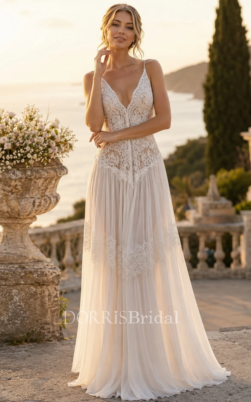 Boho V Neck Lace Chiffon Wedding Dress with Low Back (468016)