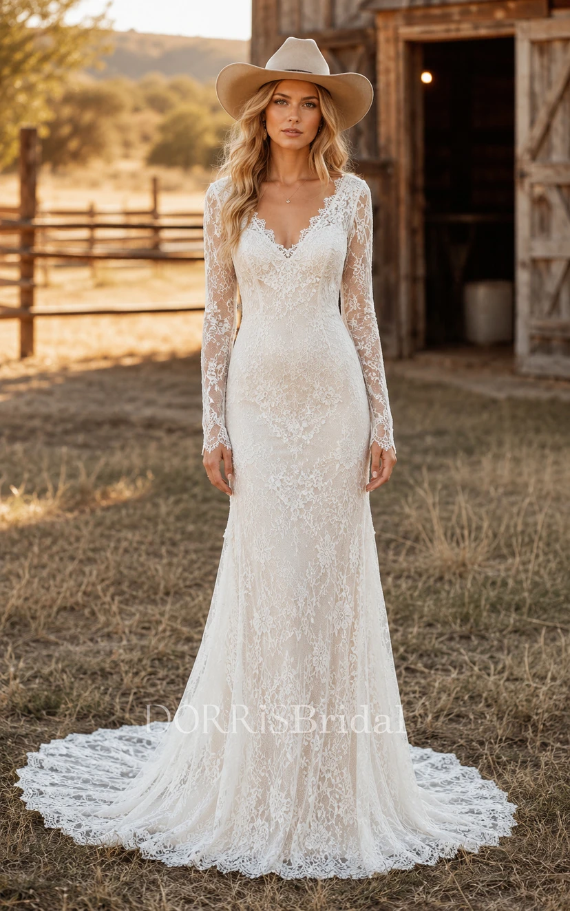 country wedding dresses long sleeve Lace Rustic Wedding Dresses Long Sleeve Mermaid Wedding Dress WD284 US10 / Custom Color