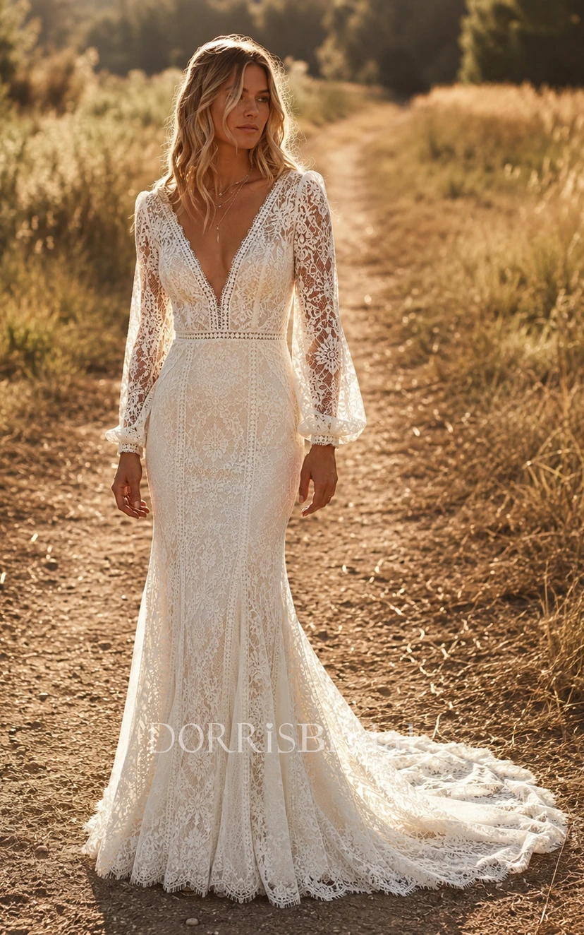 Boho Lace Mermaid Wedding Dress with Deep V-Neck, Long Sleeves & Fitted Rustic Bridal Silhouette (468535)