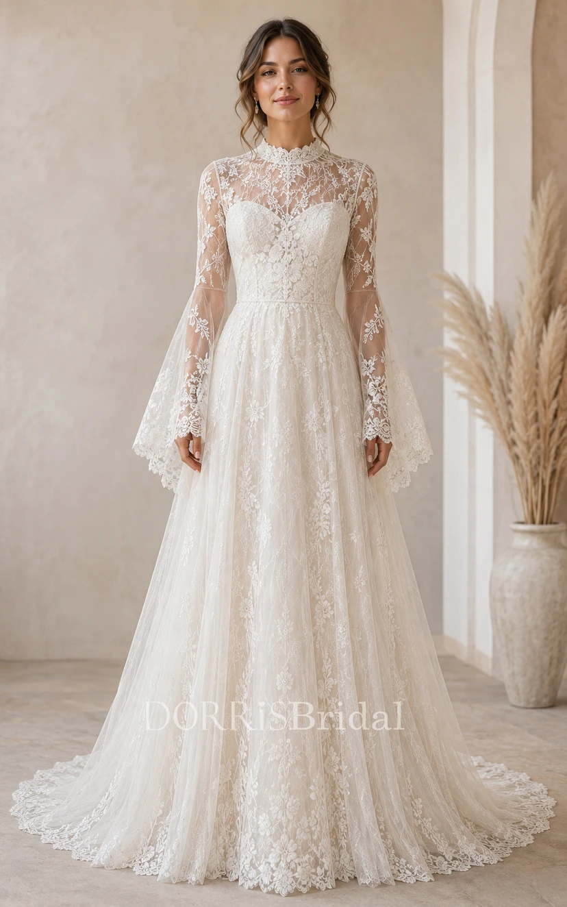 a line wedding dress with bell sleeves Floral Bell Sleeves A-Line Boho Lace Ballgown Wedding Dress Ethereal Princess Off-the-Shoulder Party Evening Gown