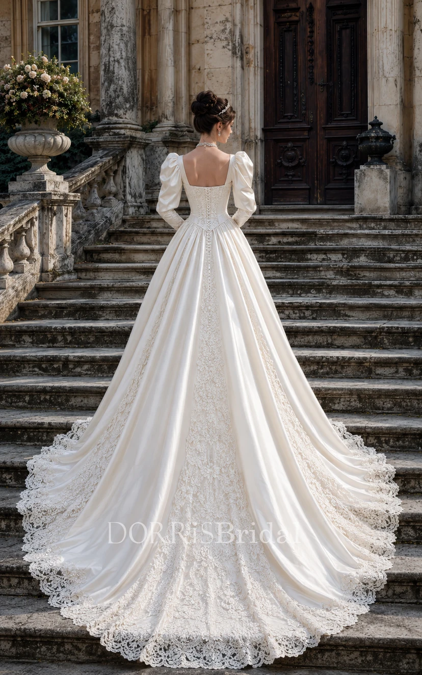 vintage square neck wedding dress Satin Ball Gown Vintage Boho Lace Wedding Dress