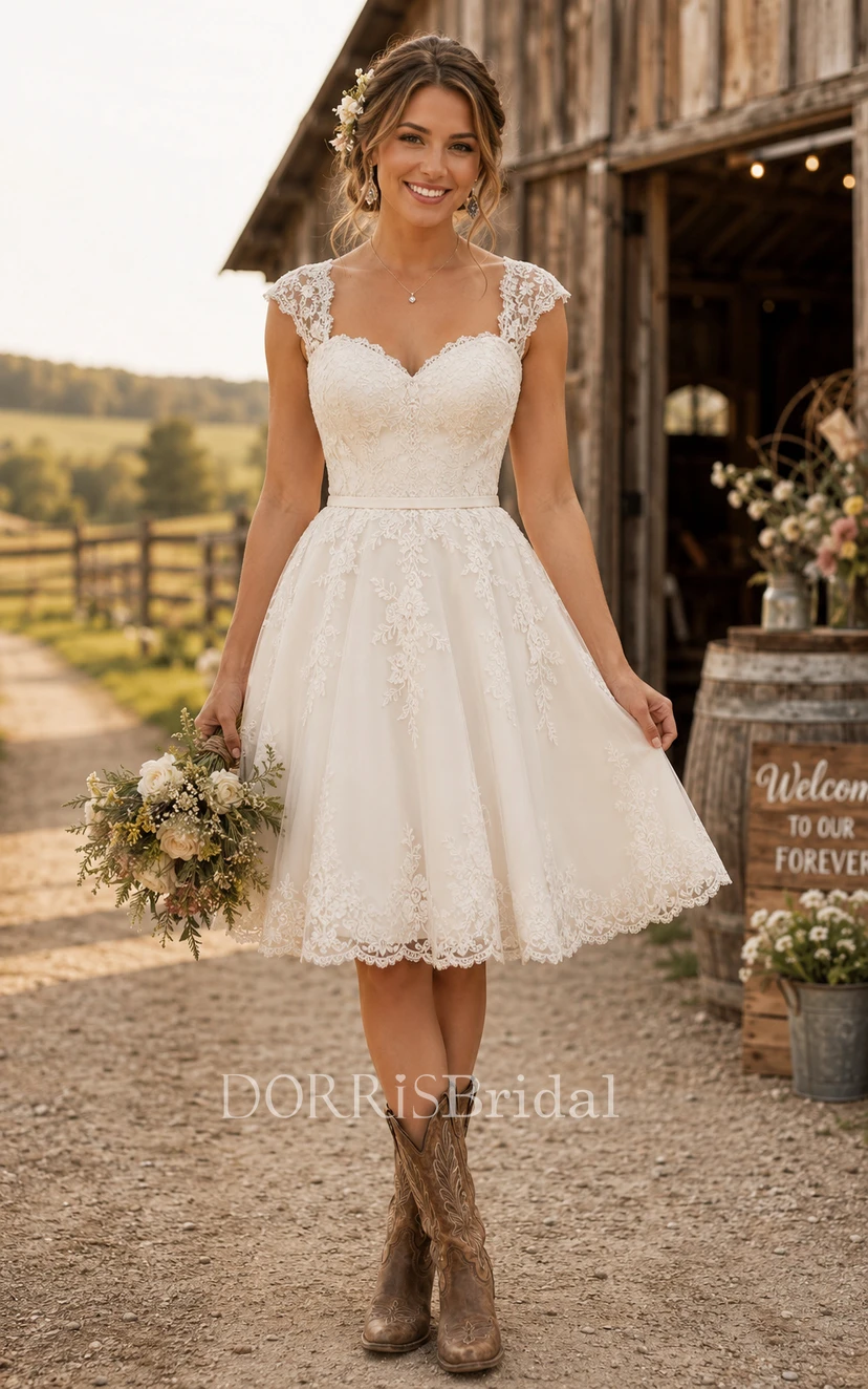 knee length country wedding dresses Vintage Floral A-Line Boho Lace Sheer Long Sleeve Midi Summer Wedding Dress Rustic Causal Country Tea Length Gown Simple Court Old Women