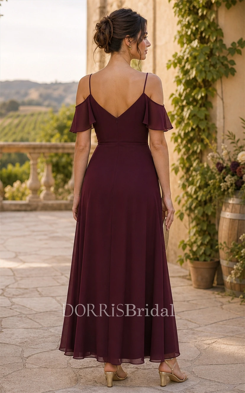 cold shoulder burgundy dress Chiffon Floor-length (334559) Lightweight gauzy woven chiffon Glitter Wedding Dress Wedtrend Women Bridesmaid Dress SIZE:40