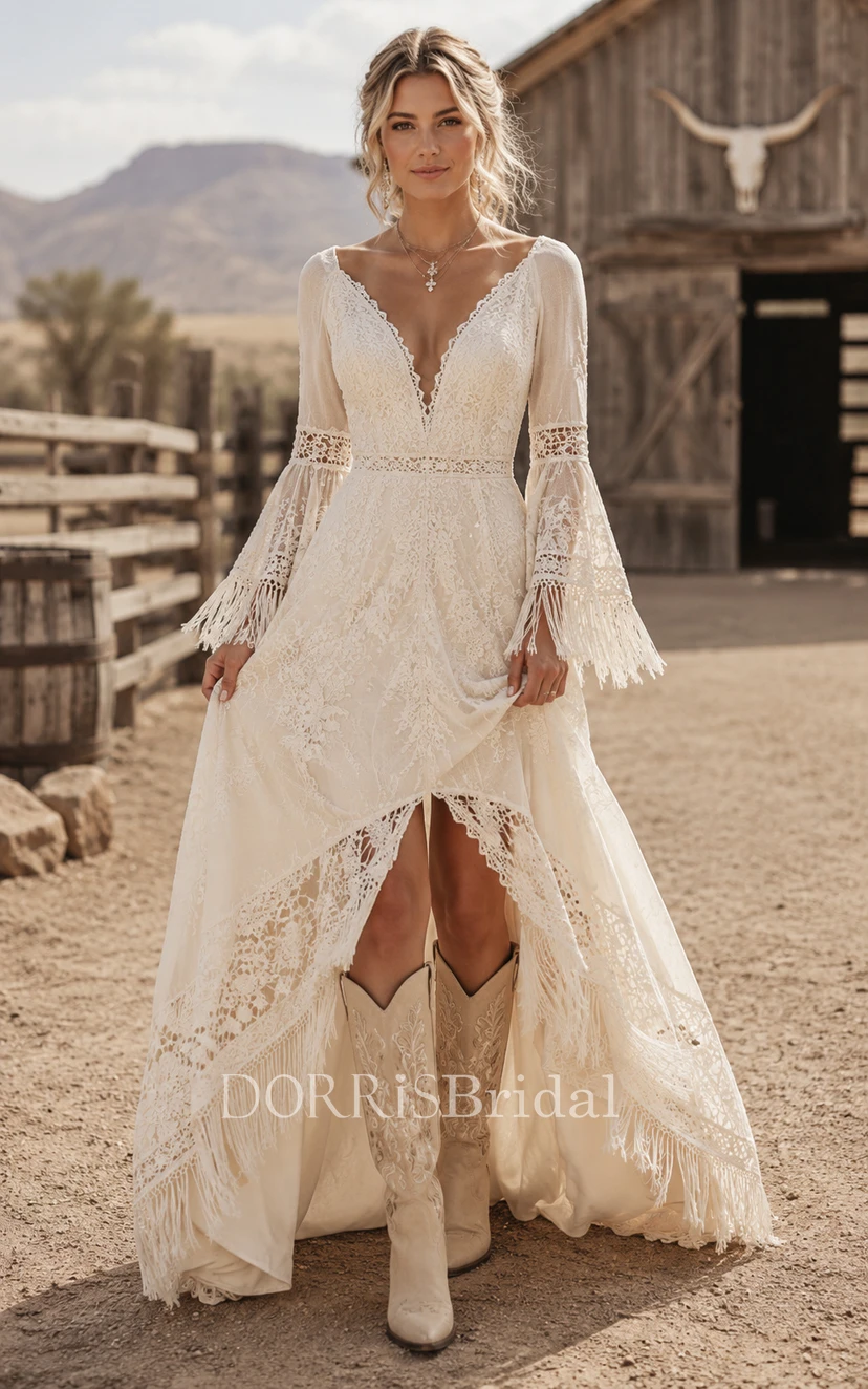 country lace high low dress Western Vintage Country A-Line Wedding Dress Long Bell Sleeve V-Neck Lace  High-Low Chapel Train Ivory (468444)